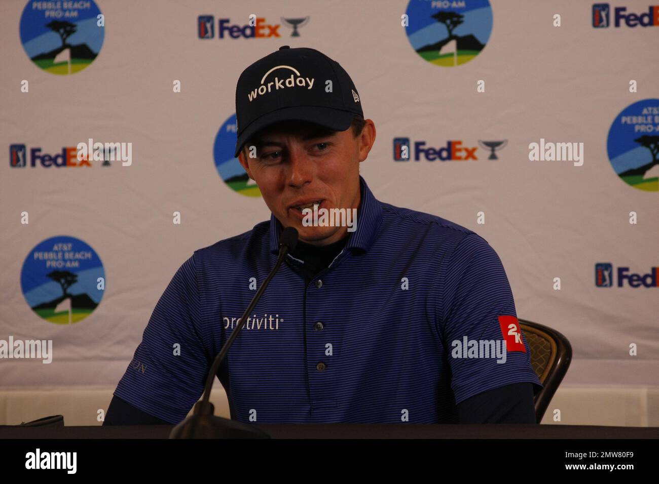 1st février 2023 le champion anglais de l'US Open - Matt Fitzpatrick s'adresse aux médias avant le début du tournoi DE golf AT&T Pro-Am PGA, à Pebble Beach Links à partir de demain. Crédit : Motofoto/Alay Live News Banque D'Images