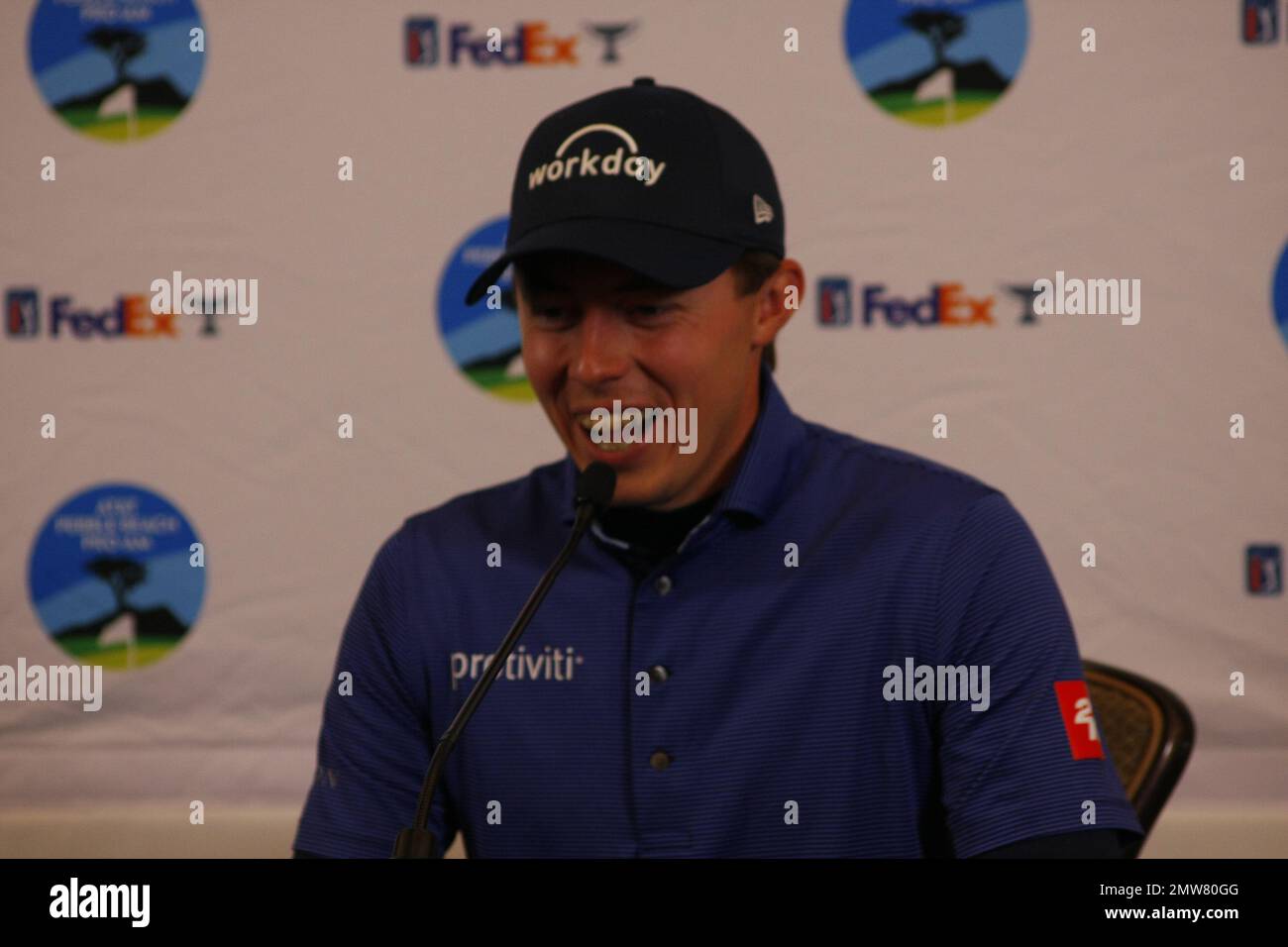 1st février 2023 le champion anglais de l'US Open - Matt Fitzpatrick s'adresse aux médias avant le début du tournoi DE golf AT&T Pro-Am PGA, à Pebble Beach Links à partir de demain. Crédit : Motofoto/Alay Live News Banque D'Images