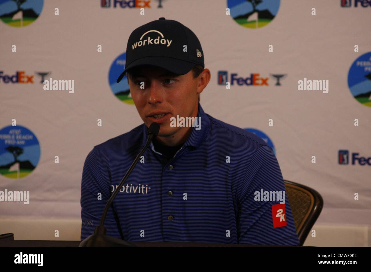 1st février 2023 le champion anglais de l'US Open - Matt Fitzpatrick s'adresse aux médias avant le début du tournoi DE golf AT&T Pro-Am PGA, à Pebble Beach Links à partir de demain. Crédit : Motofoto/Alay Live News Banque D'Images