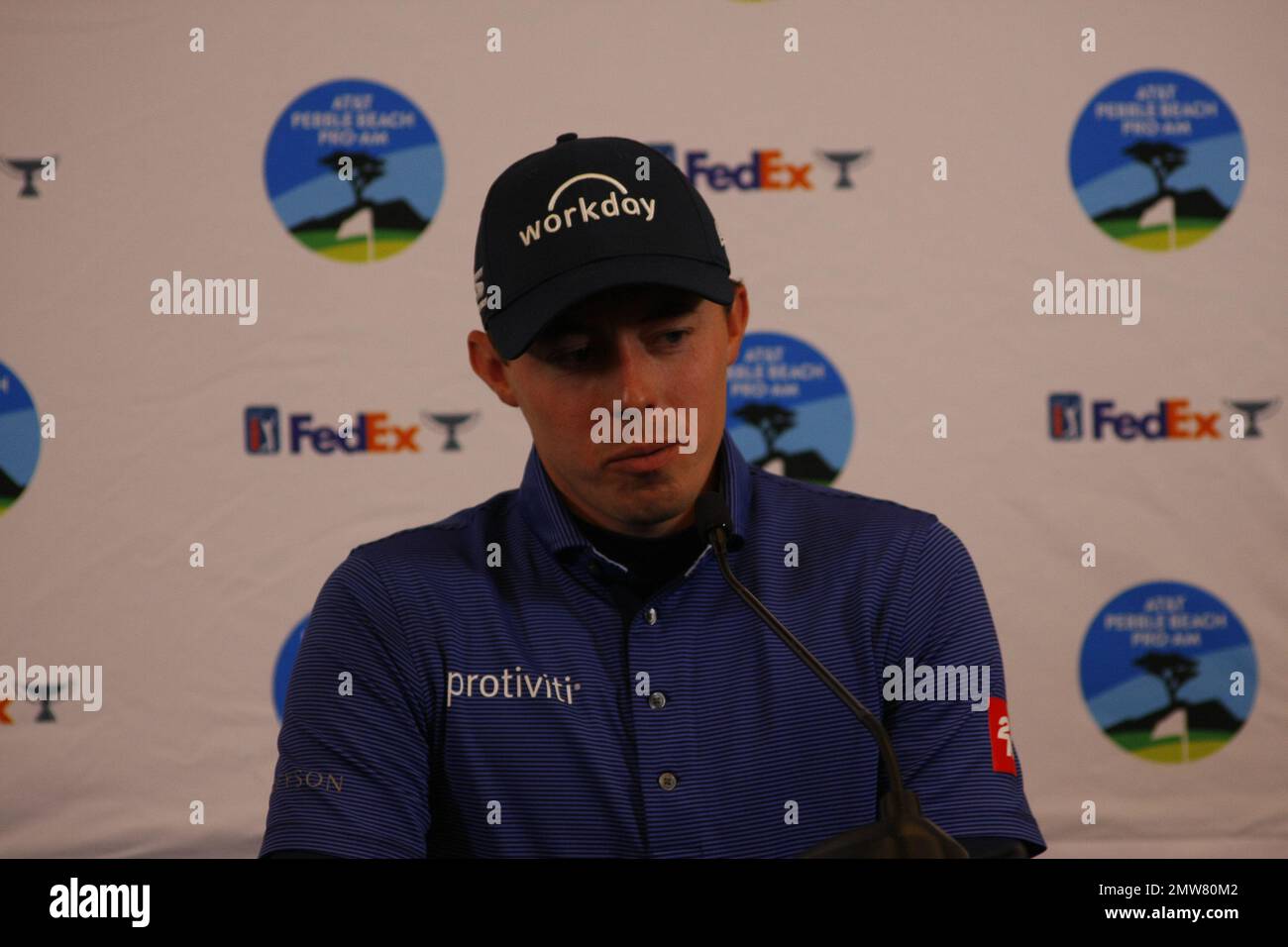 1st février 2023 le champion anglais de l'US Open - Matt Fitzpatrick s'adresse aux médias avant le début du tournoi DE golf AT&T Pro-Am PGA, à Pebble Beach Links à partir de demain. Crédit : Motofoto/Alay Live News Banque D'Images