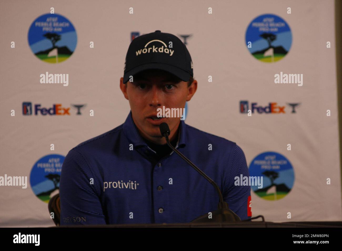 1st février 2023 le champion anglais de l'US Open - Matt Fitzpatrick s'adresse aux médias avant le début du tournoi DE golf AT&T Pro-Am PGA, à Pebble Beach Links à partir de demain. Crédit : Motofoto/Alay Live News Banque D'Images