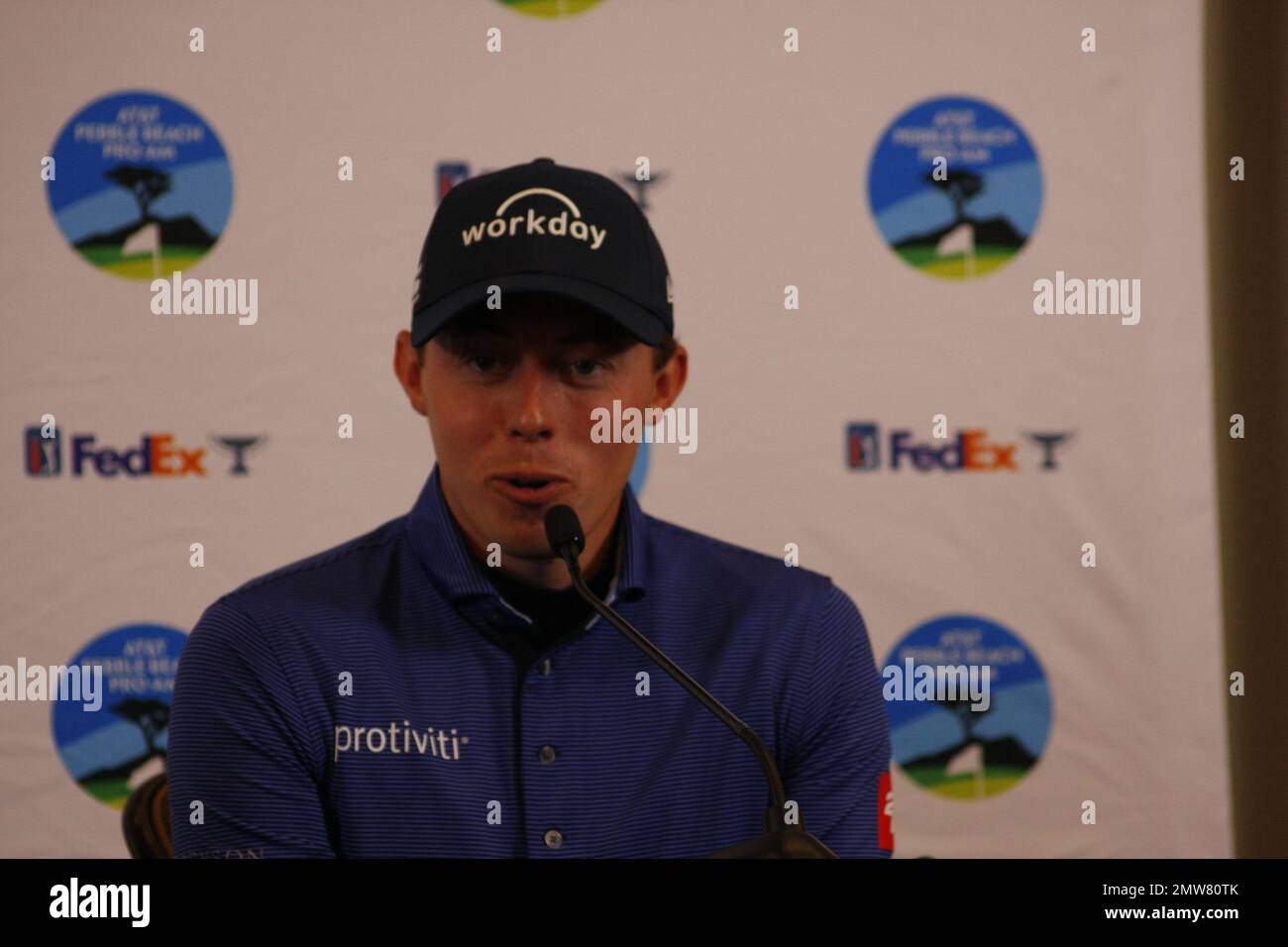 1st février 2023 le champion anglais de l'US Open - Matt Fitzpatrick s'adresse aux médias avant le début du tournoi DE golf AT&T Pro-Am PGA, à Pebble Beach Links à partir de demain. Crédit : Motofoto/Alay Live News Banque D'Images