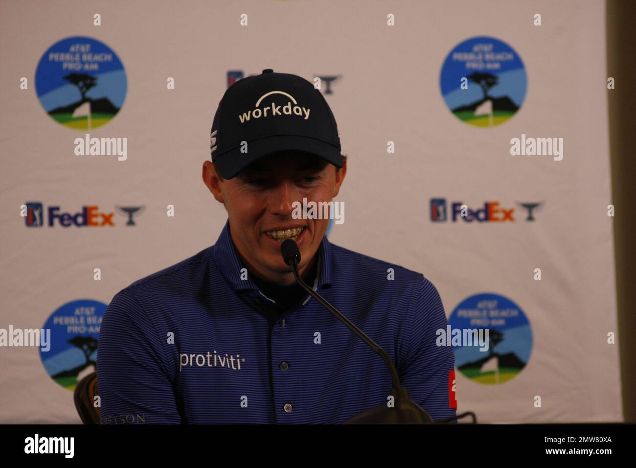 1st février 2023 le champion anglais de l'US Open - Matt Fitzpatrick s'adresse aux médias avant le début du tournoi DE golf AT&T Pro-Am PGA, à Pebble Beach Links à partir de demain. Crédit : Motofoto/Alay Live News Banque D'Images
