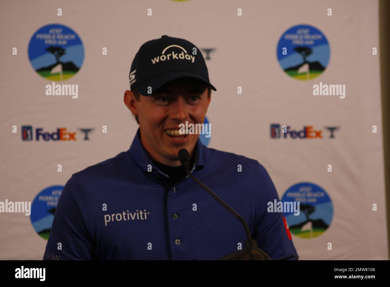 1st février 2023 le champion anglais de l'US Open - Matt Fitzpatrick s'adresse aux médias avant le début du tournoi DE golf AT&T Pro-Am PGA, à Pebble Beach Links à partir de demain. Crédit : Motofoto/Alay Live News Banque D'Images