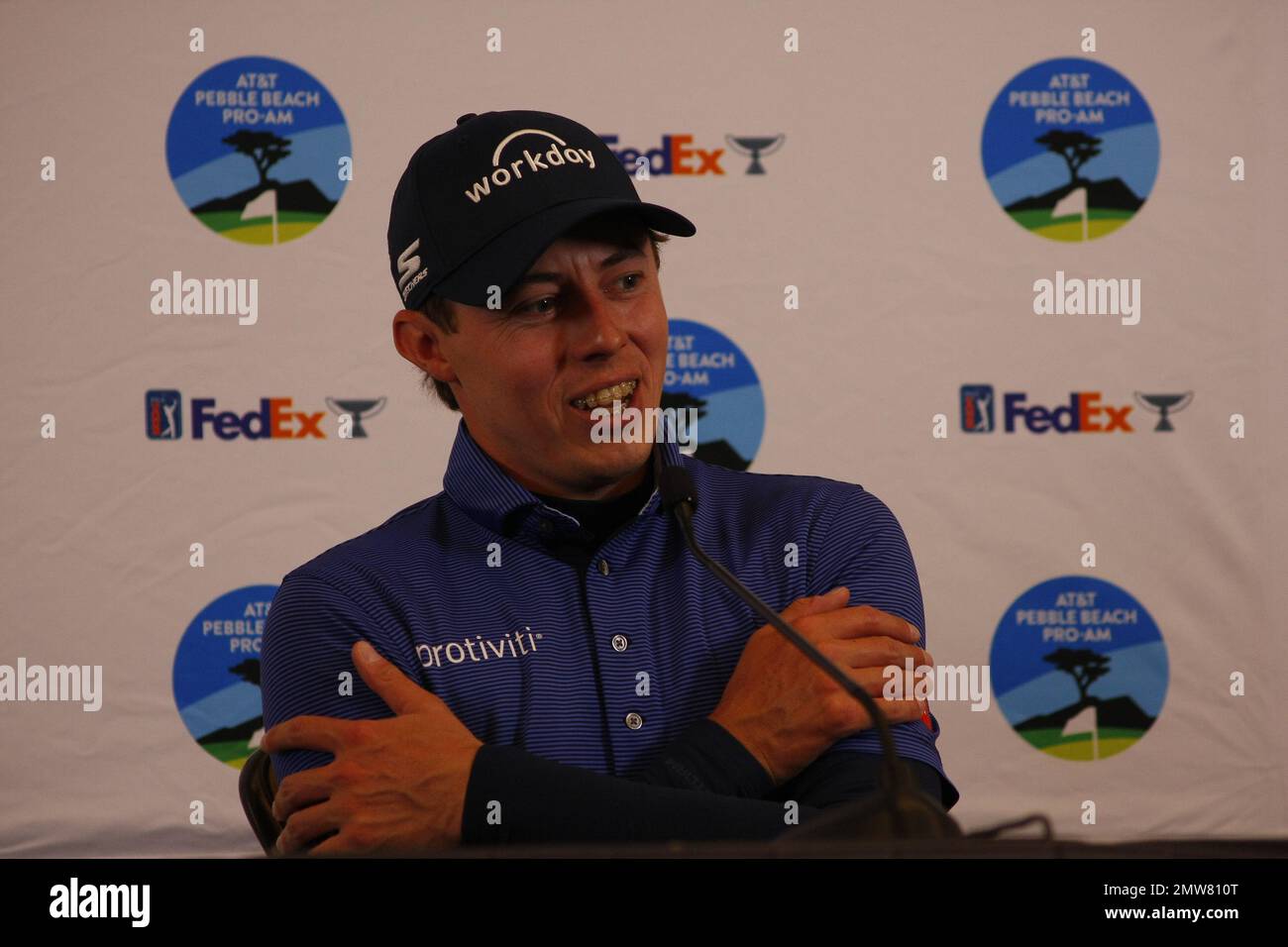 1st février 2023 le champion anglais de l'US Open - Matt Fitzpatrick s'adresse aux médias avant le début du tournoi DE golf AT&T Pro-Am PGA, à Pebble Beach Links à partir de demain. Crédit : Motofoto/Alay Live News Banque D'Images