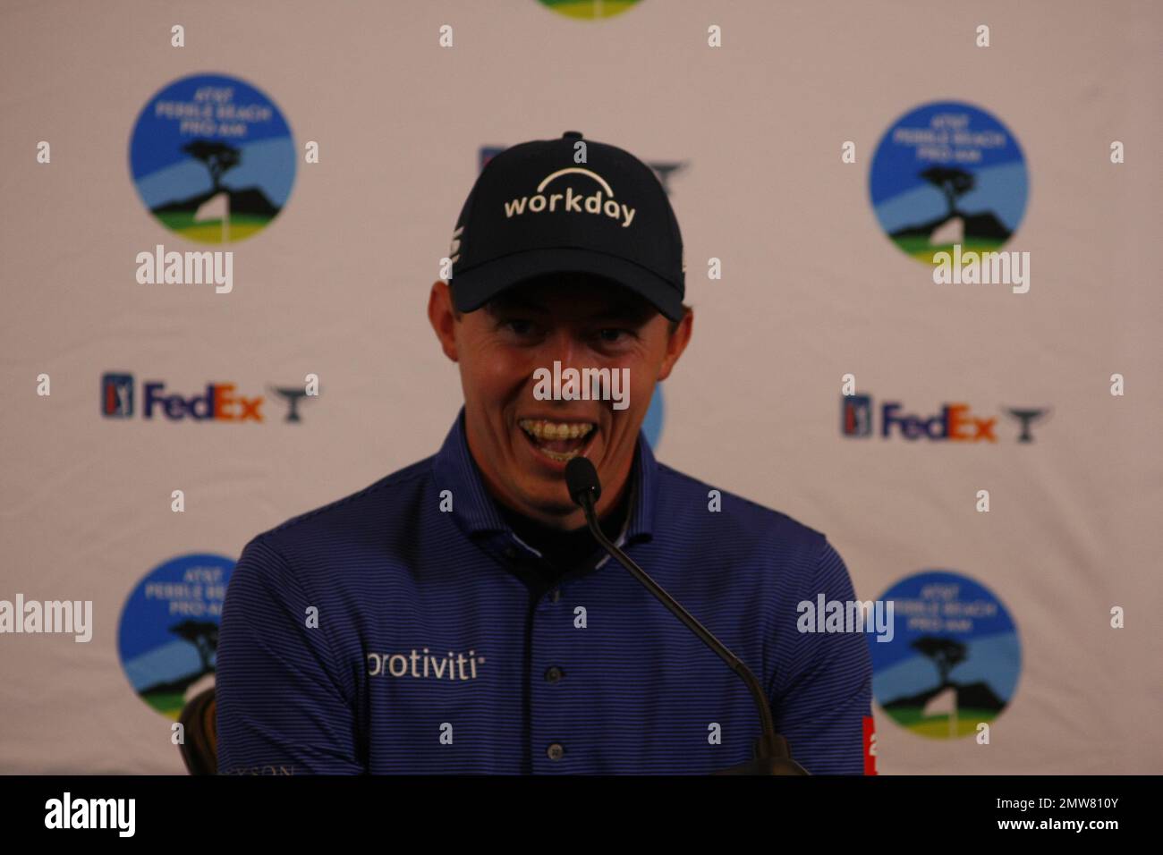 1st février 2023 le champion anglais de l'US Open - Matt Fitzpatrick s'adresse aux médias avant le début du tournoi DE golf AT&T Pro-Am PGA, à Pebble Beach Links à partir de demain. Crédit : Motofoto/Alay Live News Banque D'Images