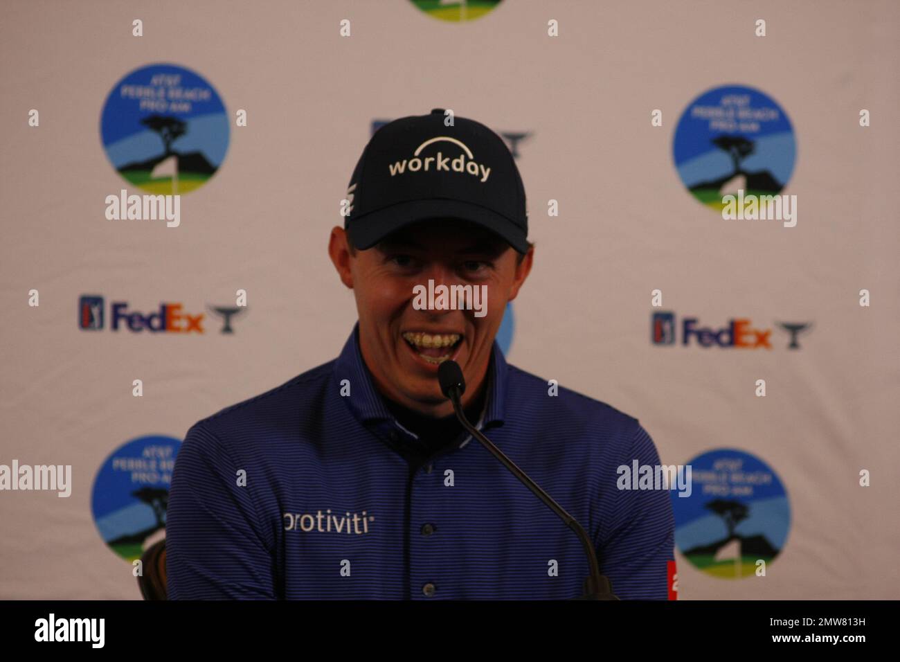 1st février 2023 le champion anglais de l'US Open - Matt Fitzpatrick s'adresse aux médias avant le début du tournoi DE golf AT&T Pro-Am PGA, à Pebble Beach Links à partir de demain. Crédit : Motofoto/Alay Live News Banque D'Images