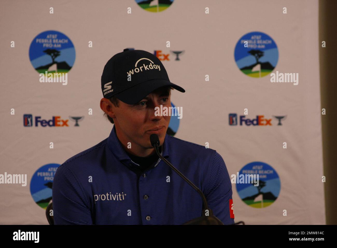 1st février 2023 le champion anglais de l'US Open - Matt Fitzpatrick s'adresse aux médias avant le début du tournoi DE golf AT&T Pro-Am PGA, à Pebble Beach Links à partir de demain. Crédit : Motofoto/Alay Live News Banque D'Images