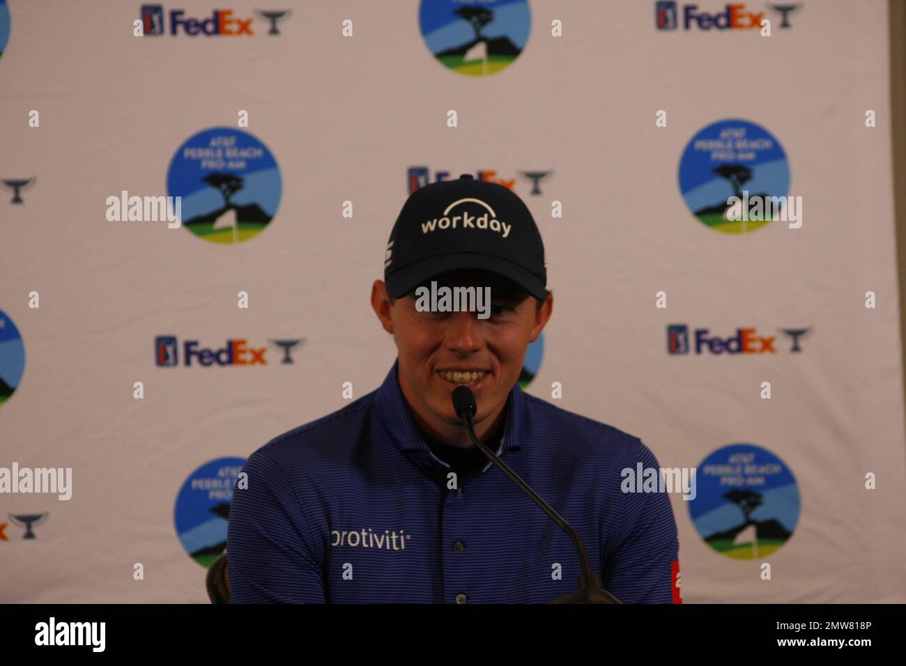 1st février 2023 le champion anglais de l'US Open - Matt Fitzpatrick s'adresse aux médias avant le début du tournoi DE golf AT&T Pro-Am PGA, à Pebble Beach Links à partir de demain. Crédit : Motofoto/Alay Live News Banque D'Images