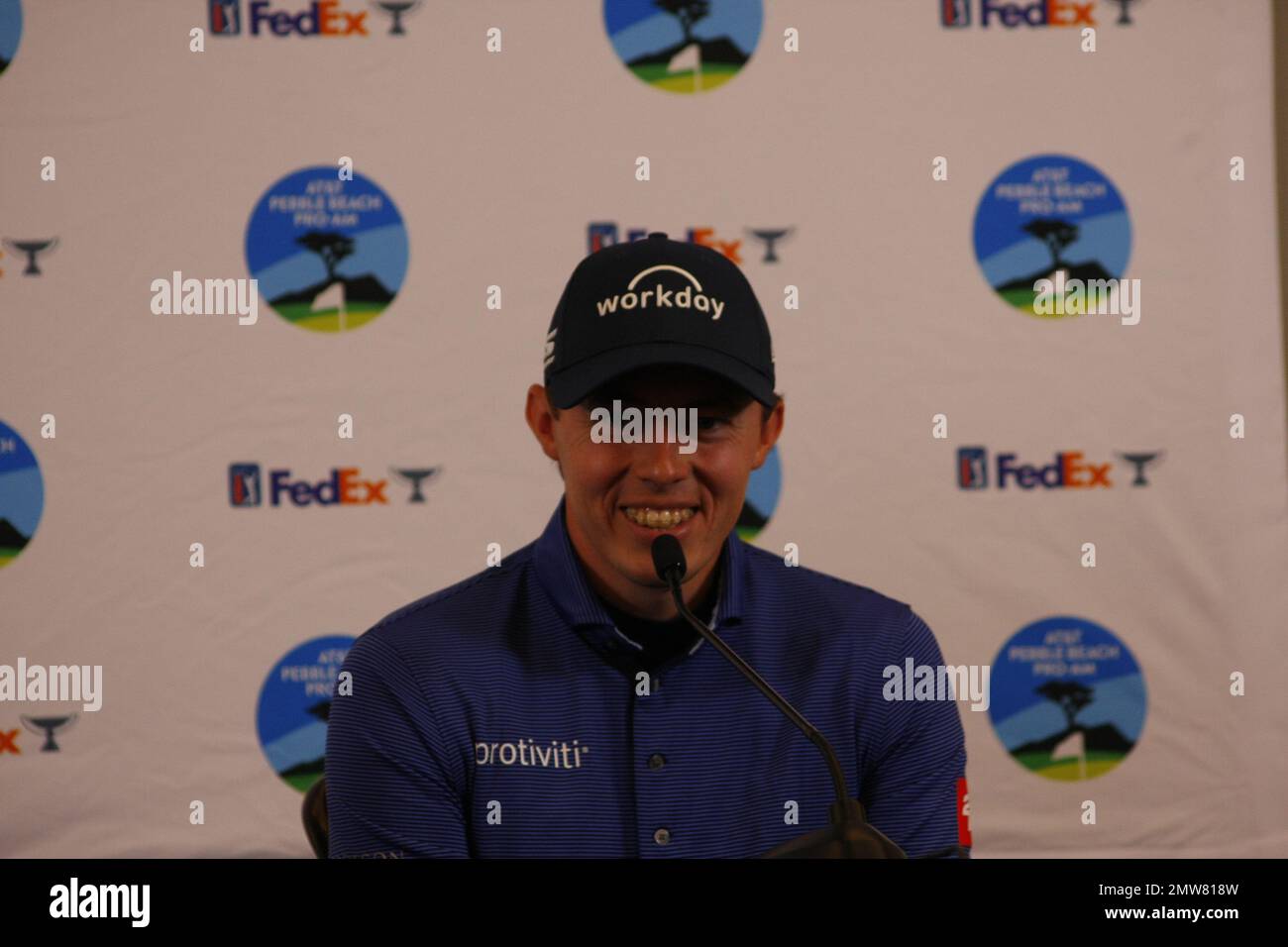 1st février 2023 le champion anglais de l'US Open - Matt Fitzpatrick s'adresse aux médias avant le début du tournoi DE golf AT&T Pro-Am PGA, à Pebble Beach Links à partir de demain. Crédit : Motofoto/Alay Live News Banque D'Images