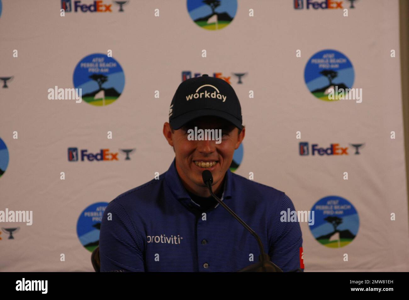 1st février 2023 le champion anglais de l'US Open - Matt Fitzpatrick s'adresse aux médias avant le début du tournoi DE golf AT&T Pro-Am PGA, à Pebble Beach Links à partir de demain. Crédit : Motofoto/Alay Live News Banque D'Images