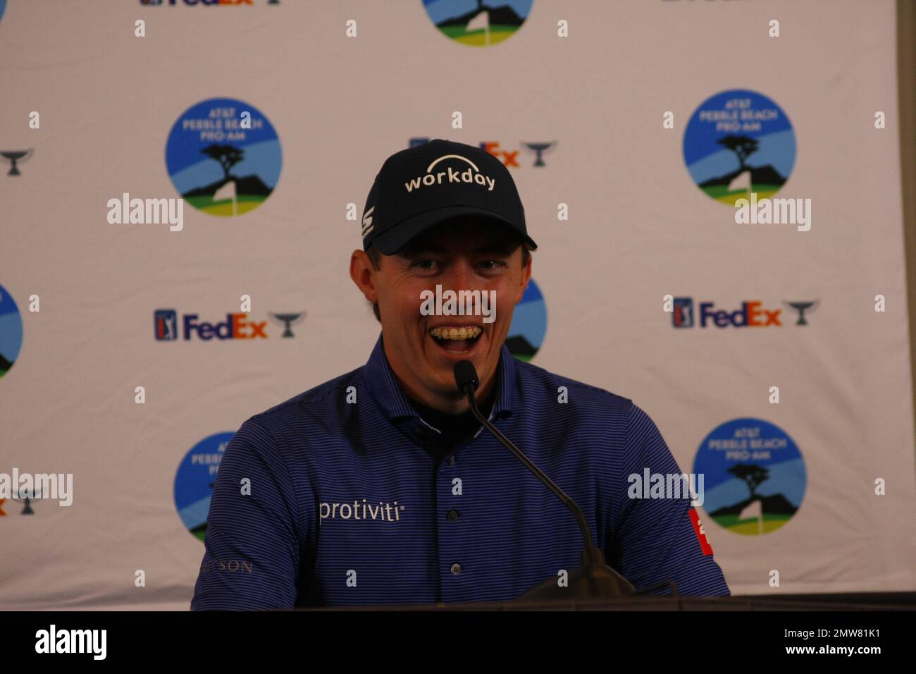 1st février 2023 le champion anglais de l'US Open - Matt Fitzpatrick s'adresse aux médias avant le début du tournoi DE golf AT&T Pro-Am PGA, à Pebble Beach Links à partir de demain. Crédit : Motofoto/Alay Live News Banque D'Images