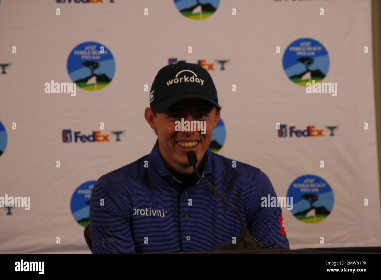 1st février 2023 le champion anglais de l'US Open - Matt Fitzpatrick s'adresse aux médias avant le début du tournoi DE golf AT&T Pro-Am PGA, à Pebble Beach Links à partir de demain. Crédit : Motofoto/Alay Live News Banque D'Images