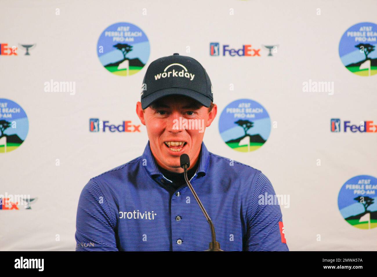 1st février 2023 le champion anglais de l'US Open - Matt Fitzpatrick s'adresse aux médias avant le début du tournoi DE golf AT&T Pro-Am PGA, à Pebble Beach Links à partir de demain. Crédit : Motofoto/Alay Live News Banque D'Images