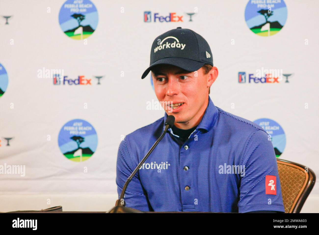 1st février 2023 le champion anglais de l'US Open - Matt Fitzpatrick s'adresse aux médias avant le début du tournoi DE golf AT&T Pro-Am PGA, à Pebble Beach Links à partir de demain. Crédit : Motofoto/Alay Live News Banque D'Images