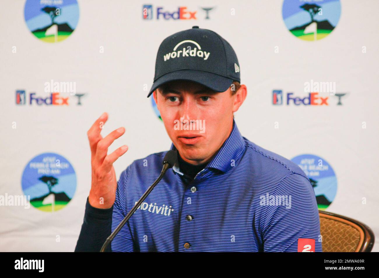 1st février 2023 le champion anglais de l'US Open - Matt Fitzpatrick s'adresse aux médias avant le début du tournoi DE golf AT&T Pro-Am PGA, à Pebble Beach Links à partir de demain. Crédit : Motofoto/Alay Live News Banque D'Images