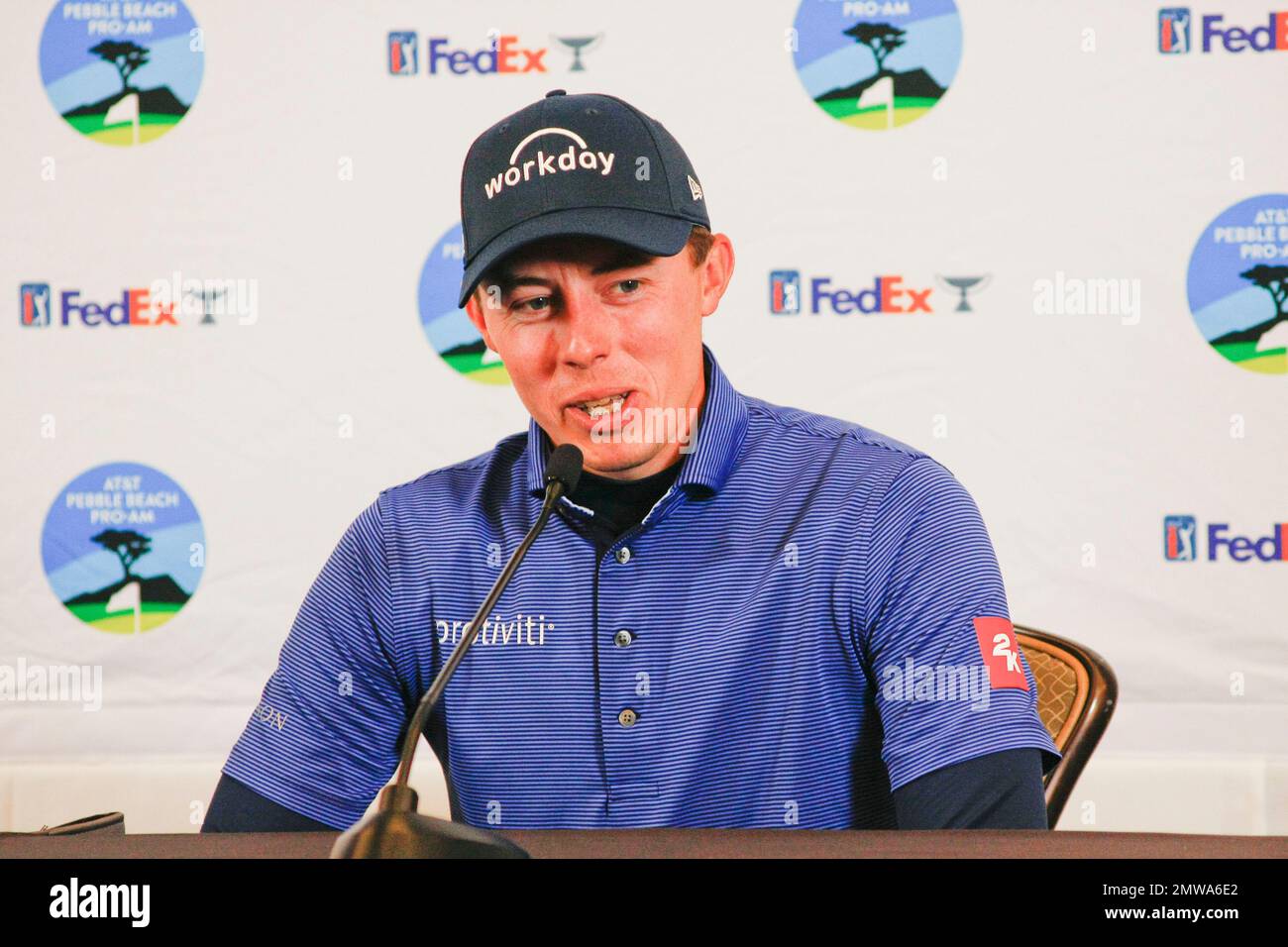 1st février 2023 le champion anglais de l'US Open - Matt Fitzpatrick s'adresse aux médias avant le début du tournoi DE golf AT&T Pro-Am PGA, à Pebble Beach Links à partir de demain. Crédit : Motofoto/Alay Live News Banque D'Images
