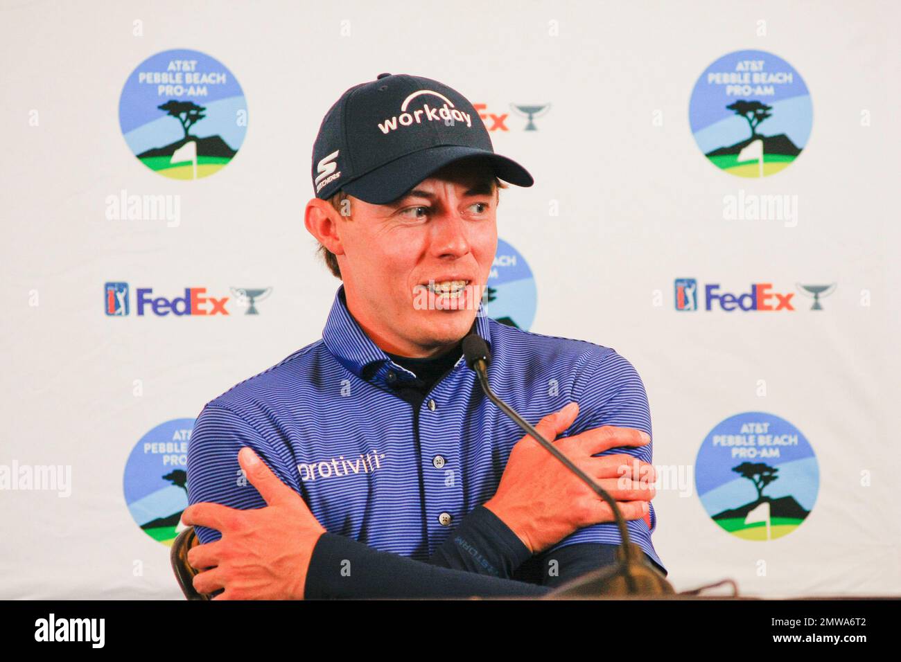 1st février 2023 le champion anglais de l'US Open - Matt Fitzpatrick s'adresse aux médias avant le début du tournoi DE golf AT&T Pro-Am PGA, à Pebble Beach Links à partir de demain. Crédit : Motofoto/Alay Live News Banque D'Images