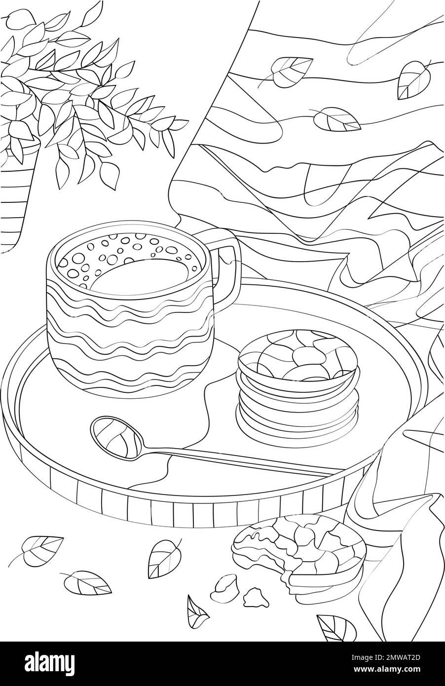 Tasse avec biscuits sur un plateau Livre de coloriage vectoriel antistress. Illustration de Vecteur