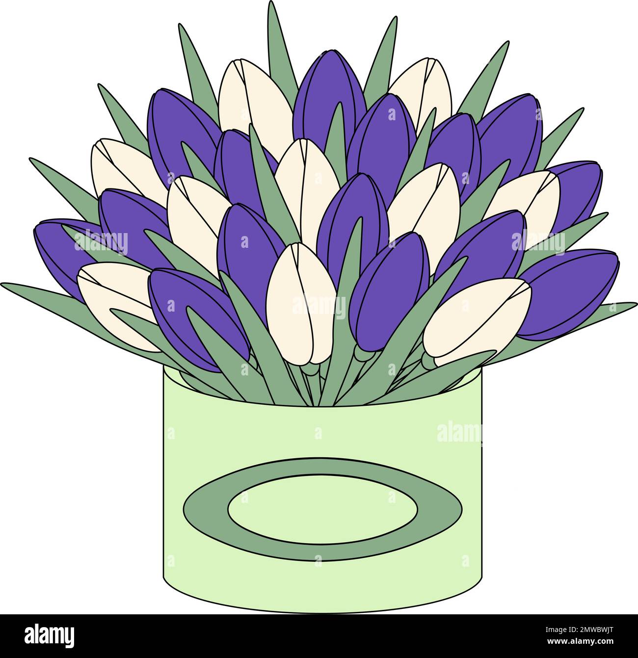 Un énorme bouquet coloré de tulipes fleuris en boîte de cercle dans le style de dessin animé plat dans des teintes tendance. Autocollant. Icône. Isoler. Idéal pour le motif, l'affiche, la brochure ou le prix, l'étiquette, l'accueil ou l'invitation. EPS Illustration de Vecteur