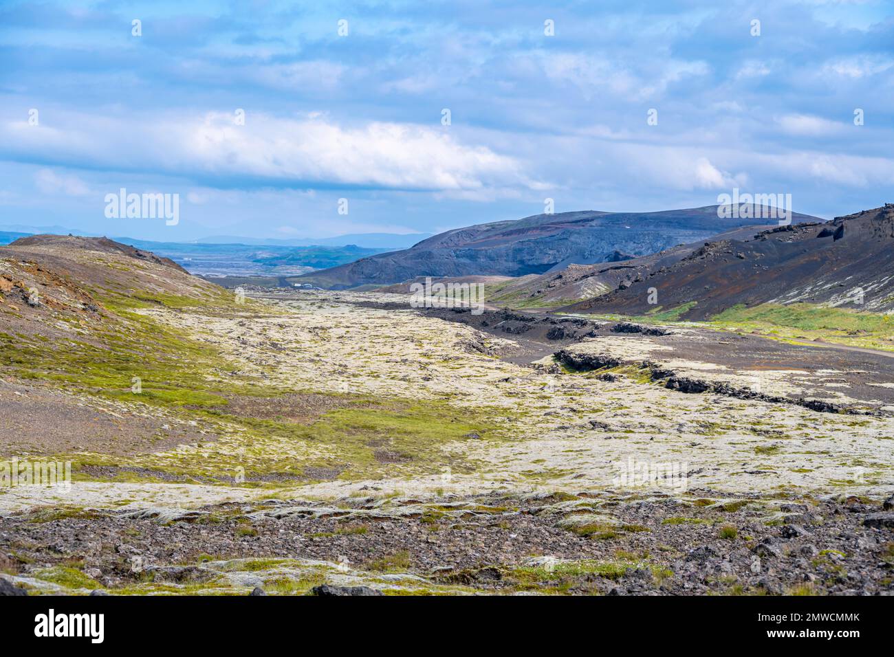 Paysage couvert de mousse, montagnes islandaises, vue aérienne, péninsule de Reykjanes, Islande Banque D'Images