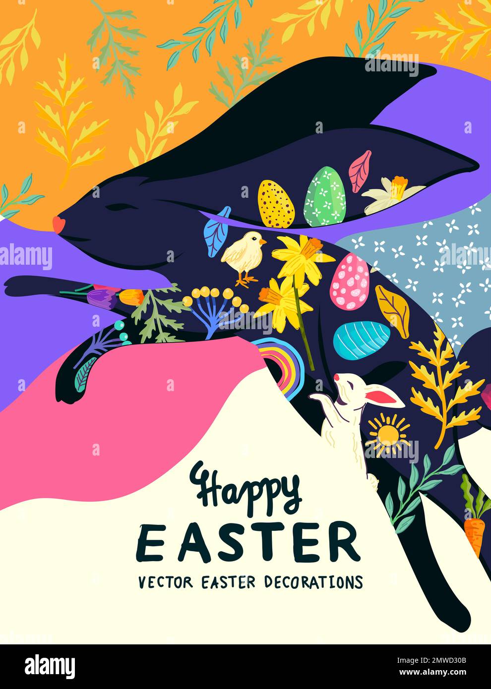 joyeux pâques coloré et lumineux lapin décoré avec des éléments floraux. Illustration Vecotr. Illustration de Vecteur