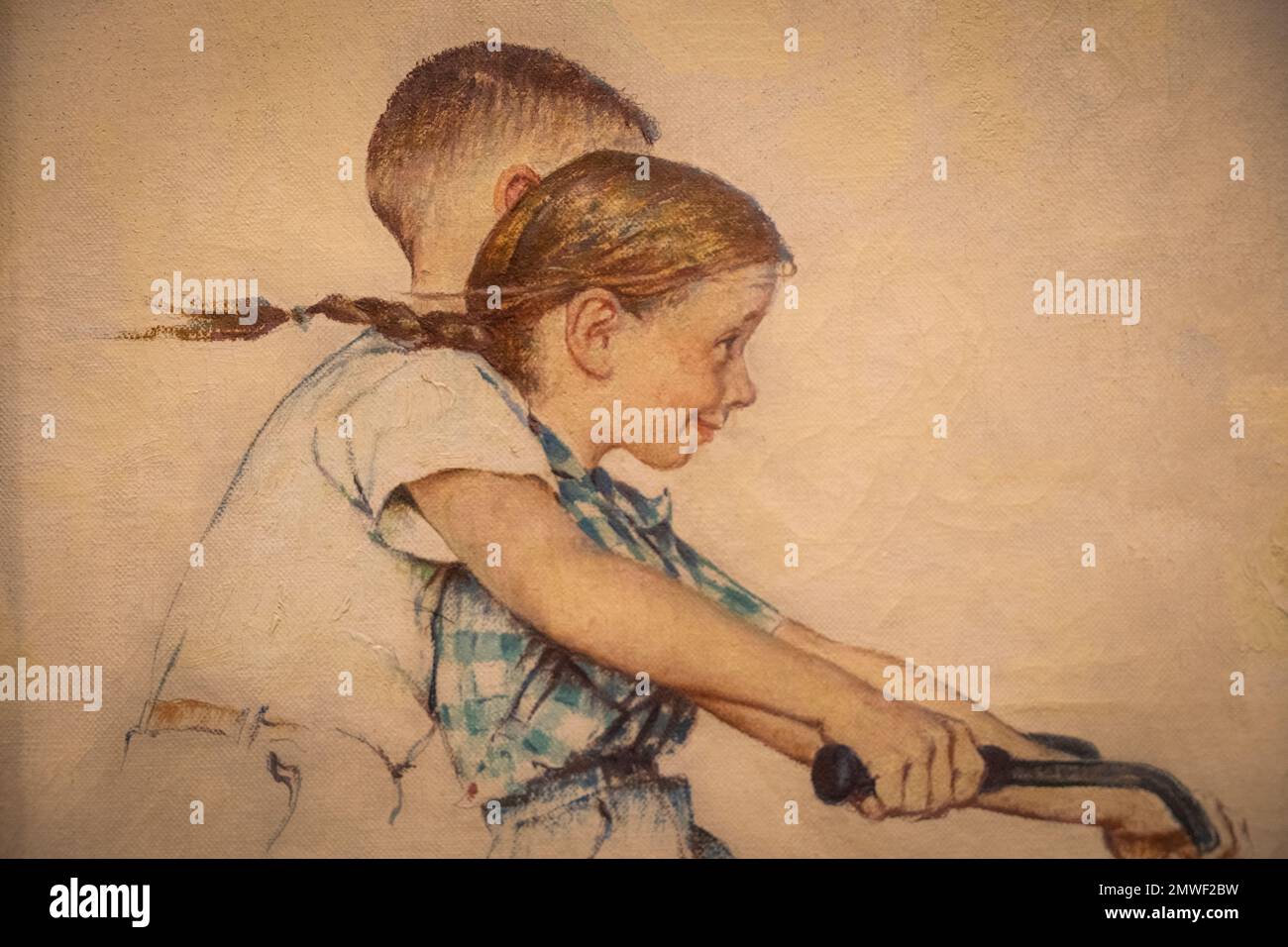 Image rognée de la peinture Norman Rockwell appelée jour dans la vie de fille fait en 19652 pour le magazine Saturday Evening Post montrant une fille et un garçon r Banque D'Images