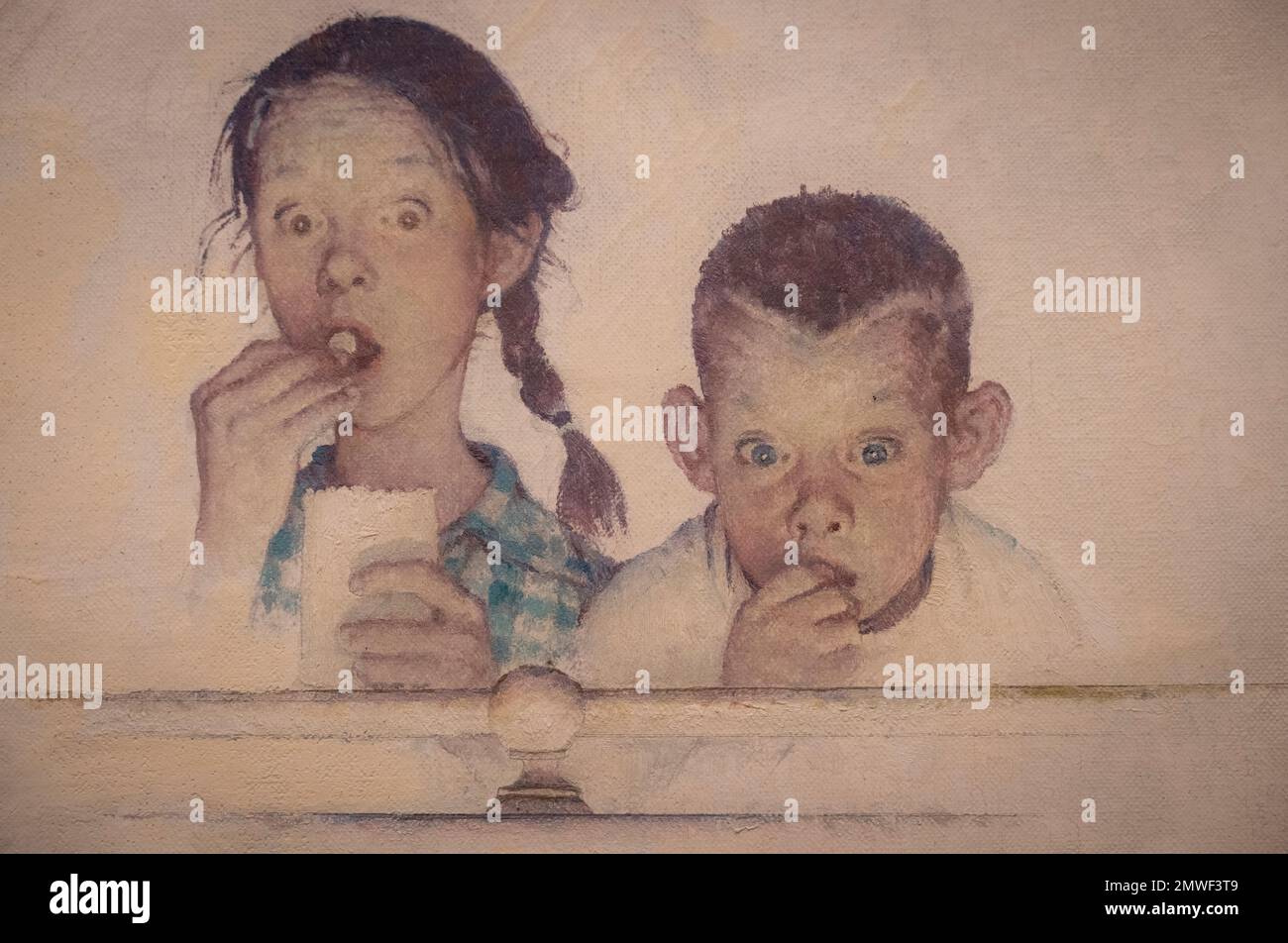 Image rognée de la peinture Norman Rockwell appelée jour dans la vie de fille fait en 19652 pour le magazine Saturday Evening Post montrant une fille et un garçon W Banque D'Images