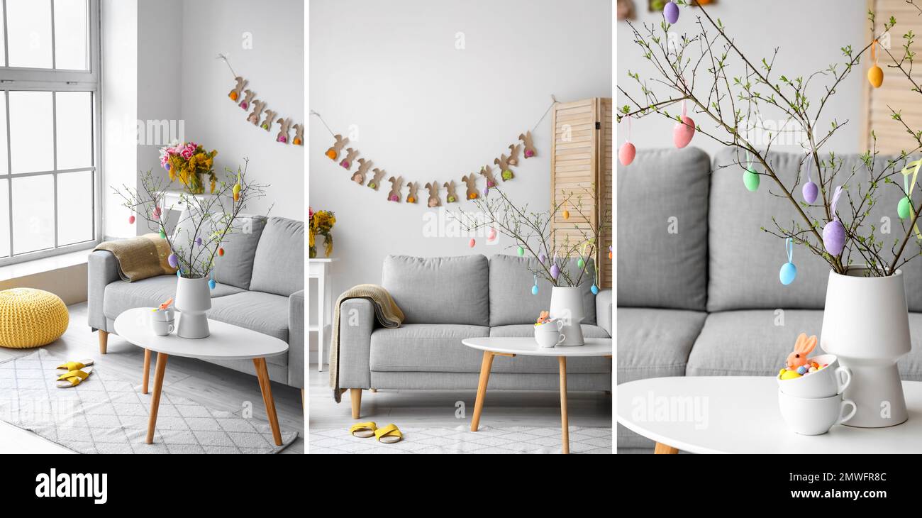 Collage de branches d'arbres décorées d'œufs de Pâques à l'intérieur du salon Banque D'Images