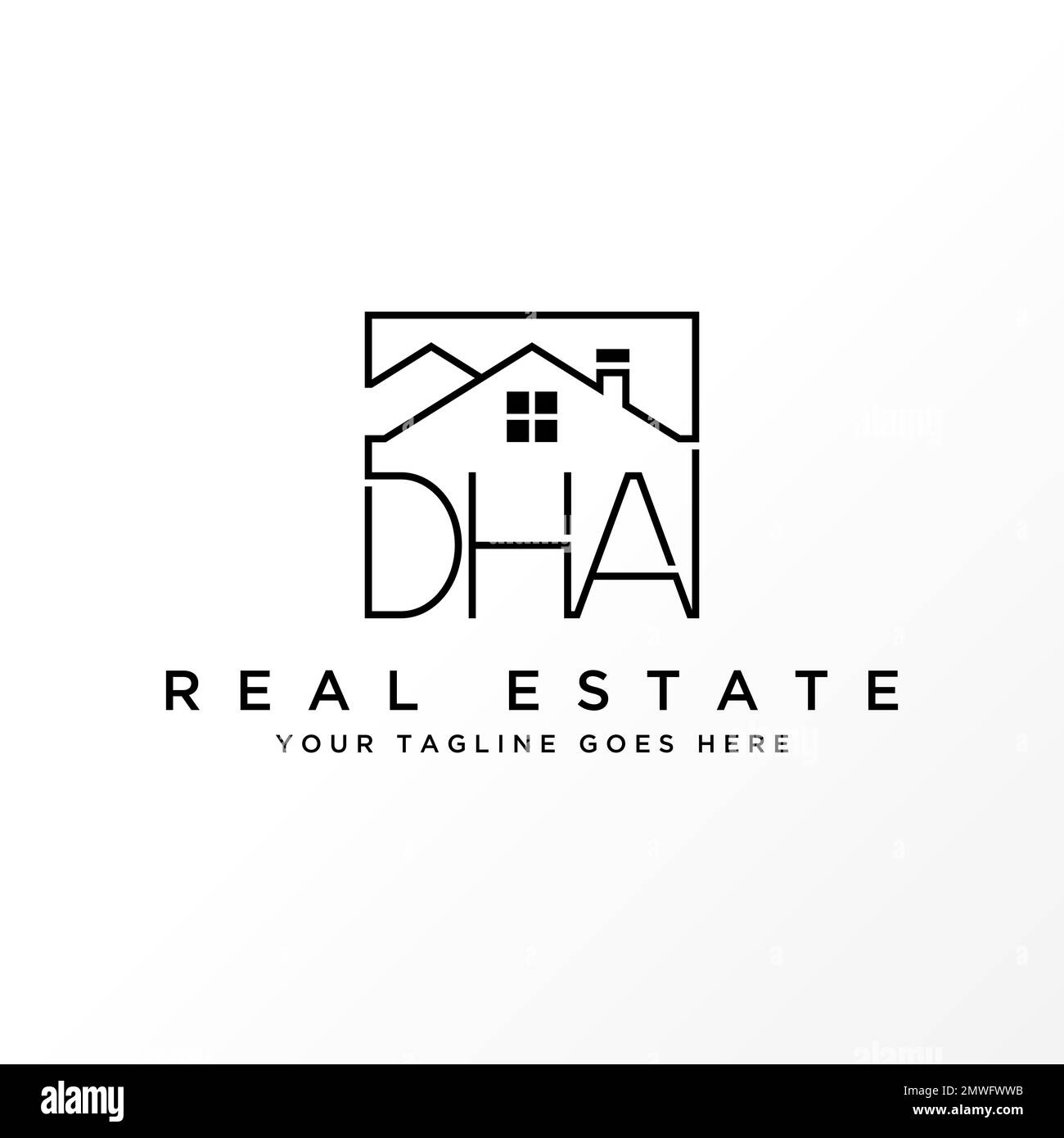 Lettre ou mot DHA sans serif police avec ligne toit maison image graphique icône logo design abstrait concept vecteur stock lié aux propriétés ou initial Illustration de Vecteur