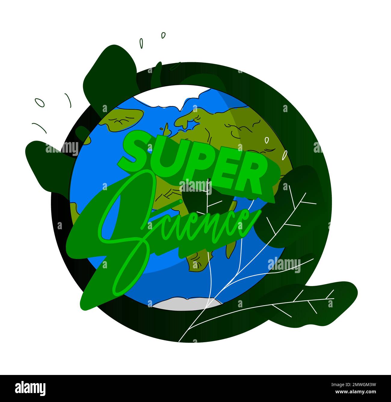 Planète Terre avec Super Science texte. Espace de dessin animé, cosmos. Illustration de dessin animé vectoriel. Illustration de Vecteur