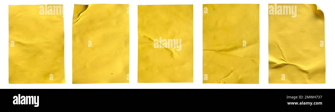 Ensemble de textures d'affiche en papier blanc froissées et froissées de couleur jaune, isolées sur fond blanc. Banque D'Images