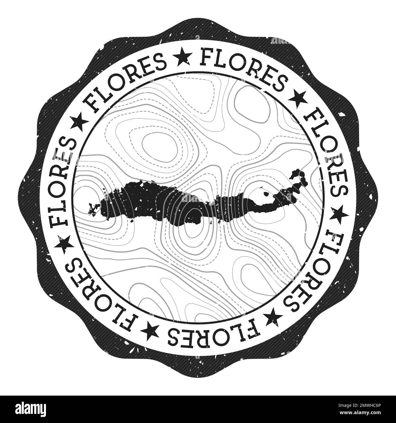 Timbre extérieur Flores. Autocollant rond avec carte de l'île avec isolines topographiques. Illustration vectorielle. Illustration de Vecteur