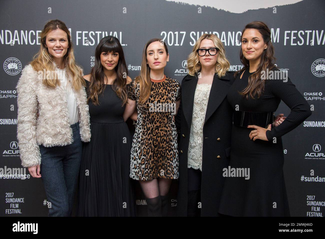 Brooklyn Decker, from left, Hannah Simone, director/writer/producer/actress Zoe Lister-Jones and actresses Majandra Delfino and Angelique Cabral pose at the premiere of the film "Band Aid" at the Eccles Theatre during the 2017 Sundance Film Festival on Tuesday, Jan. 24, 2017, in Park City, Utah. (Photo by Arthur Mola/Invision/AP) Banque D'Images