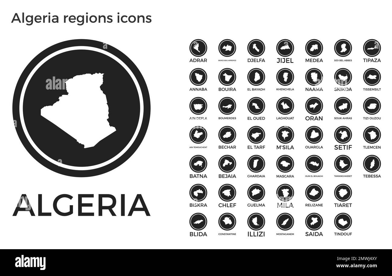 Icônes des régions d'Algérie. Logos ronds noirs avec cartes et titres des pays. Illustration vectorielle. Illustration de Vecteur
