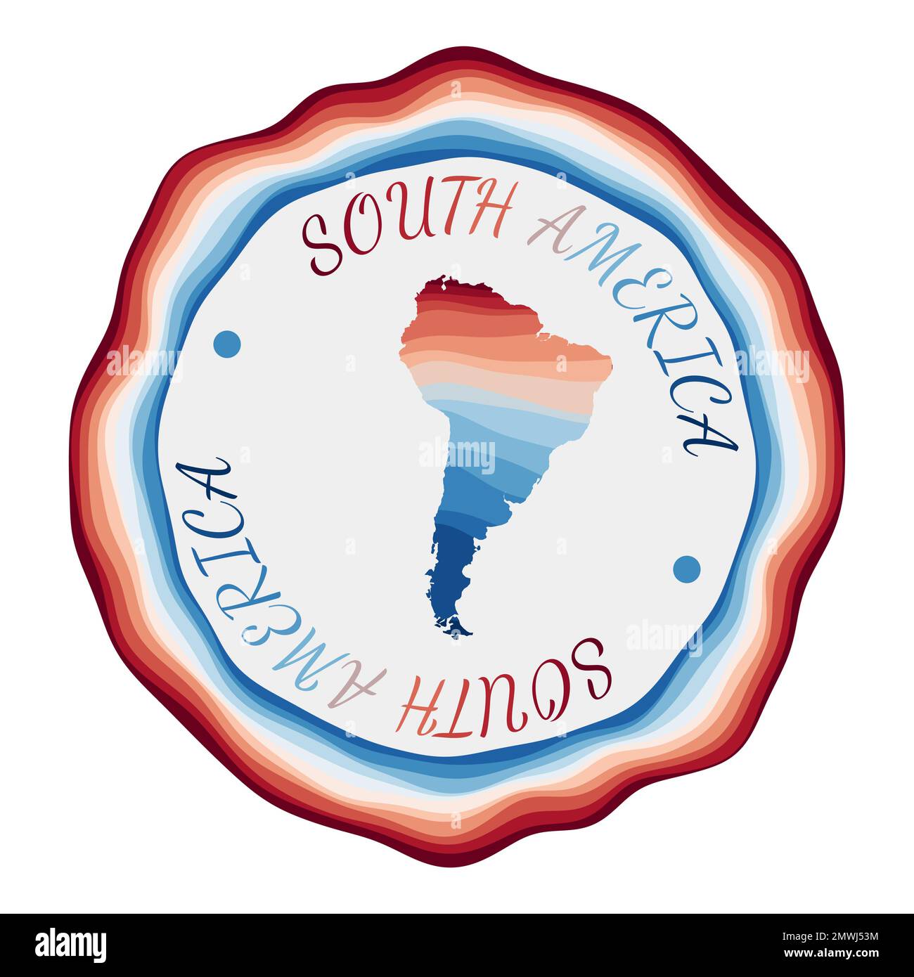 Badge Amérique du Sud. Carte du continent avec de belles vagues géométriques et un cadre rouge et bleu vif. Logo rond vif d'Amérique du Sud. Illustration de Vecteur