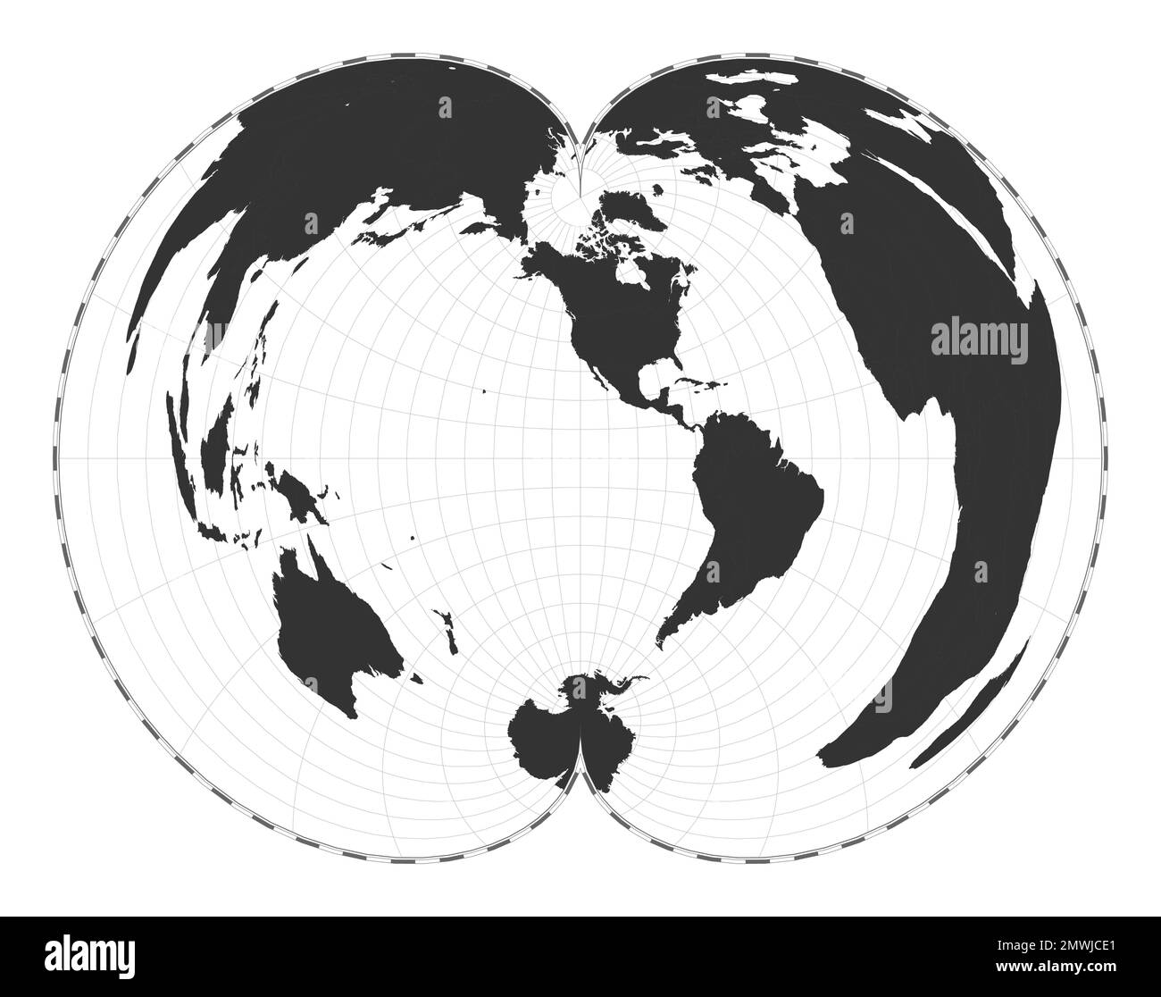 Carte du monde vectorielle. Projection polyconique américaine. Carte géographique du monde simple avec les lignes de latitude et de longitude. Centré sur 120 degrés E de longitude. Illustration de Vecteur