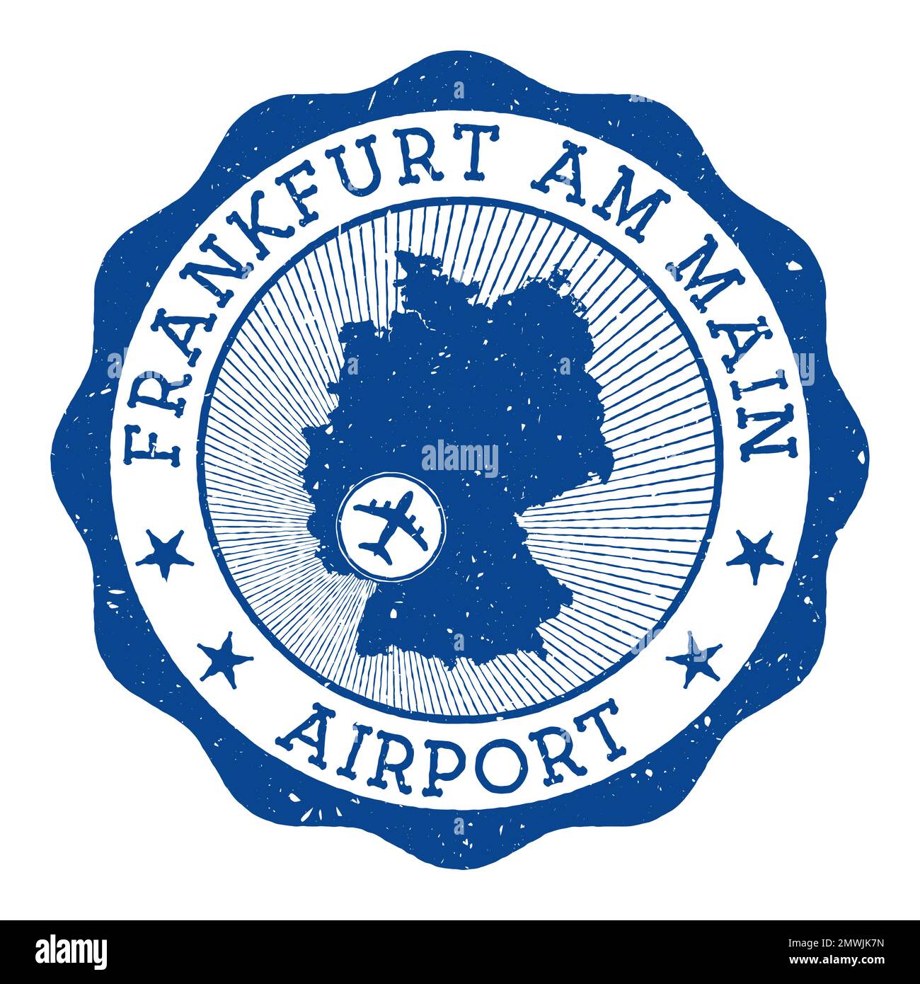 Timbre de l'aéroport de Francfort-sur-le-main. Logo rond de l'aéroport de Francfort-sur-le-main avec emplacement sur la carte de l'Allemagne marquée par avion. Illustration vectorielle. Illustration de Vecteur