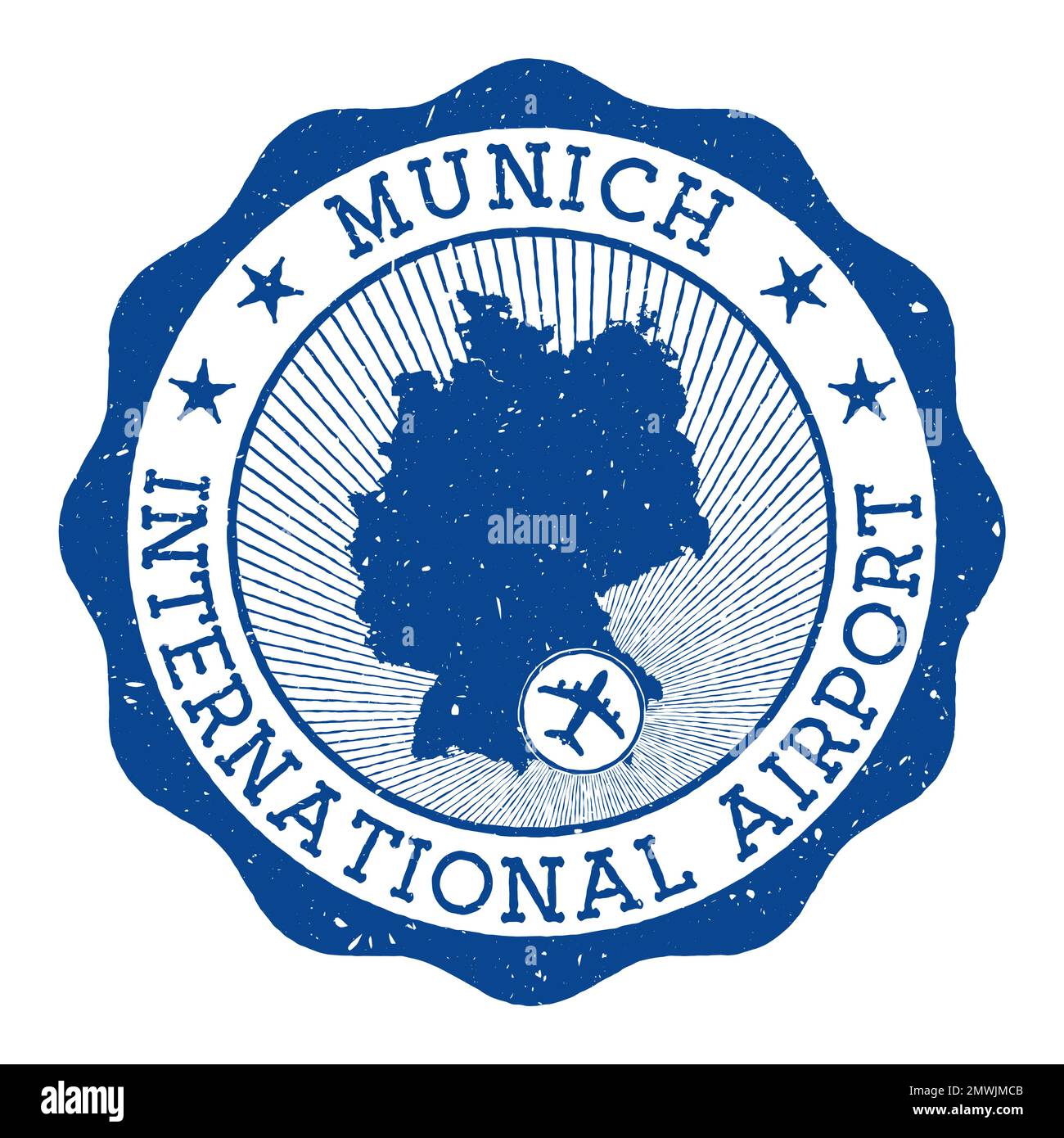 Timbre de l'aéroport international de Munich. Logo rond de l'aéroport de Munich avec emplacement sur la carte de l'Allemagne marquée par un avion. Illustration vectorielle. Illustration de Vecteur