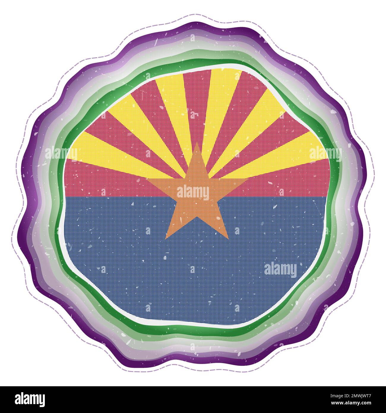 Drapeau de l'Arizona dans le cadre. Badge de l'état américain. Panneau circulaire en couches autour du drapeau de l'Arizona. Illustration vectorielle à la mode. Illustration de Vecteur