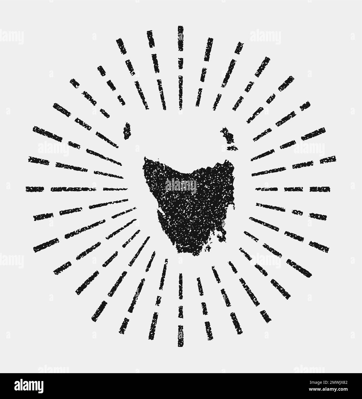 Carte ancienne de Tasmanie. Grunge Sunburst autour de l'île. Forme de Tasmanie noire avec rayons de soleil sur fond blanc. Illustration vectorielle. Illustration de Vecteur