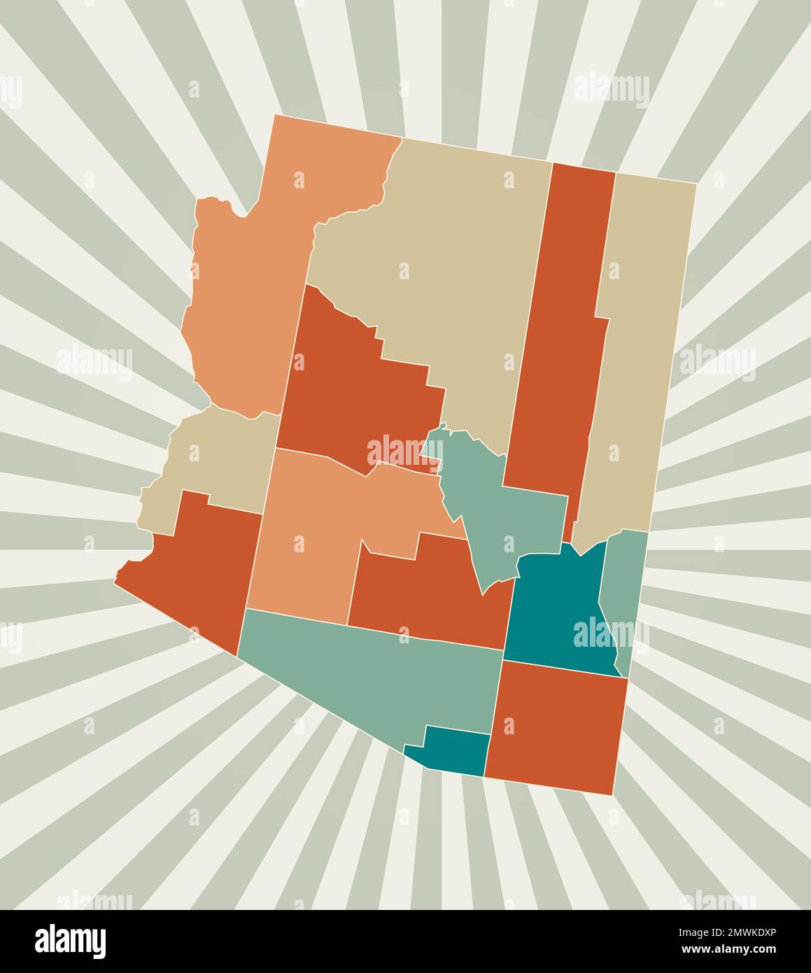 Carte de l'Arizona. Affiche avec carte de l'état américain dans la palette de couleurs rétro. Forme de l'Arizona avec fond de rayons de soleil. Illustration vectorielle. Illustration de Vecteur