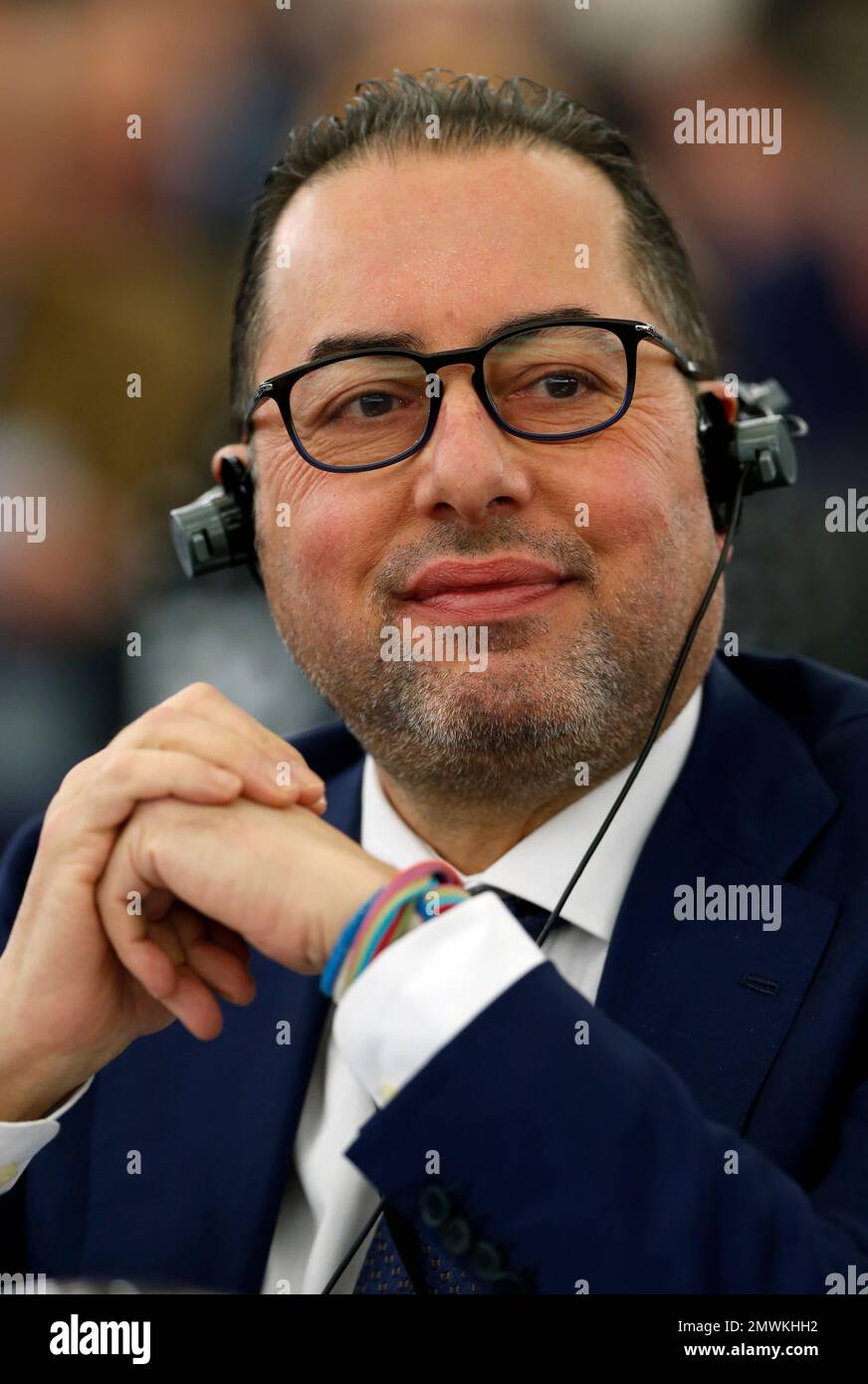 Italian parliament member and candidate for the presidency Gianni Pittela listens before the vote for the presidency of the European Parliament in Strasbourg, eastern France, Tuesday, Jan. 17, 2017. The European Parliament picks a success to its outgoing socialist President Martin Schulz. Unlike previous occasions the race is still open as the legislature meets. (AP Photo/Jean-Francois Badias) Banque D'Images