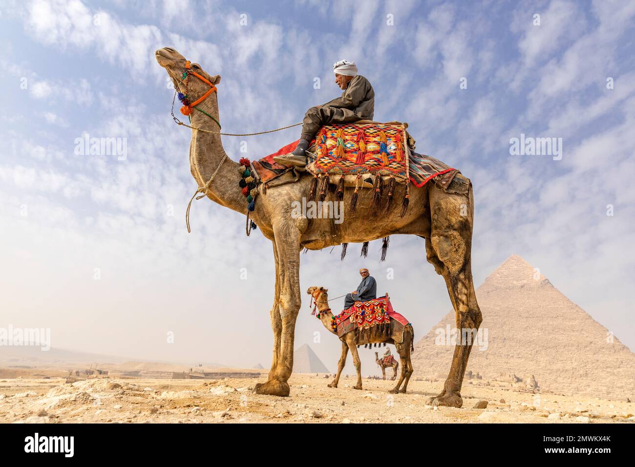 Des hommes égyptiens en chameaux à la Pyramide de Khafre, le Caire, Egypte Banque D'Images