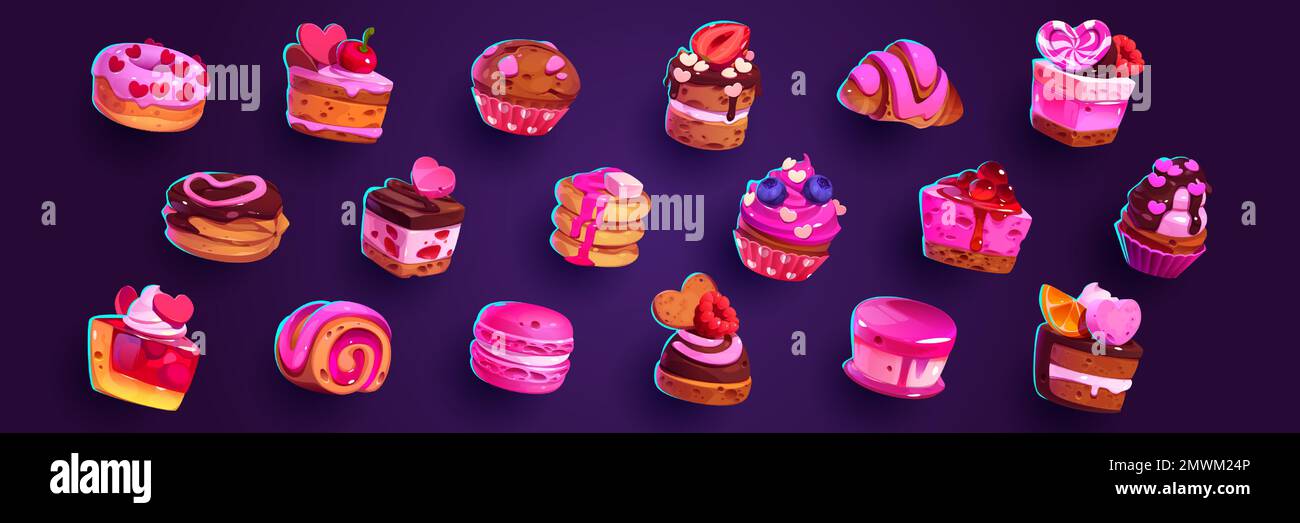 Ensemble de dessins animés de desserts sucrés isolés sur fond. Illustration vectorielle de gâteaux appétissants, cupcakes, muffins, beignets, croissants décorés de chocolat, fruits, baies. Menu fête d'anniversaire Illustration de Vecteur