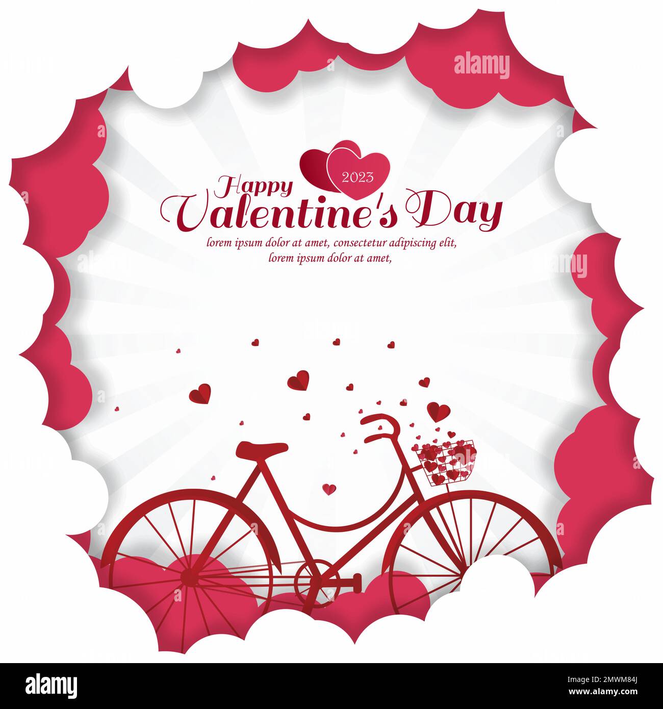 Carte de vœux de bonne Saint-Valentin avec coeurs volant de vélo avec fond de rayons lumineux. Illustration vectorielle. Illustration de Vecteur