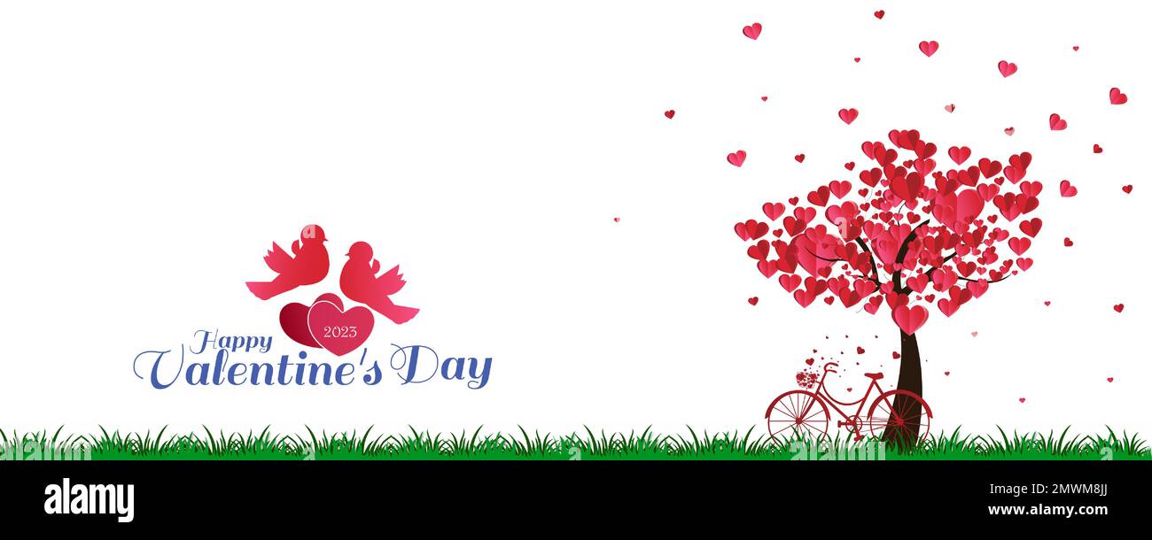Arrière-plan de la Saint-Valentin avec des arbres en forme de cœur et un vélo avec des oiseaux amoureux. Illustration vectorielle. Illustration de Vecteur