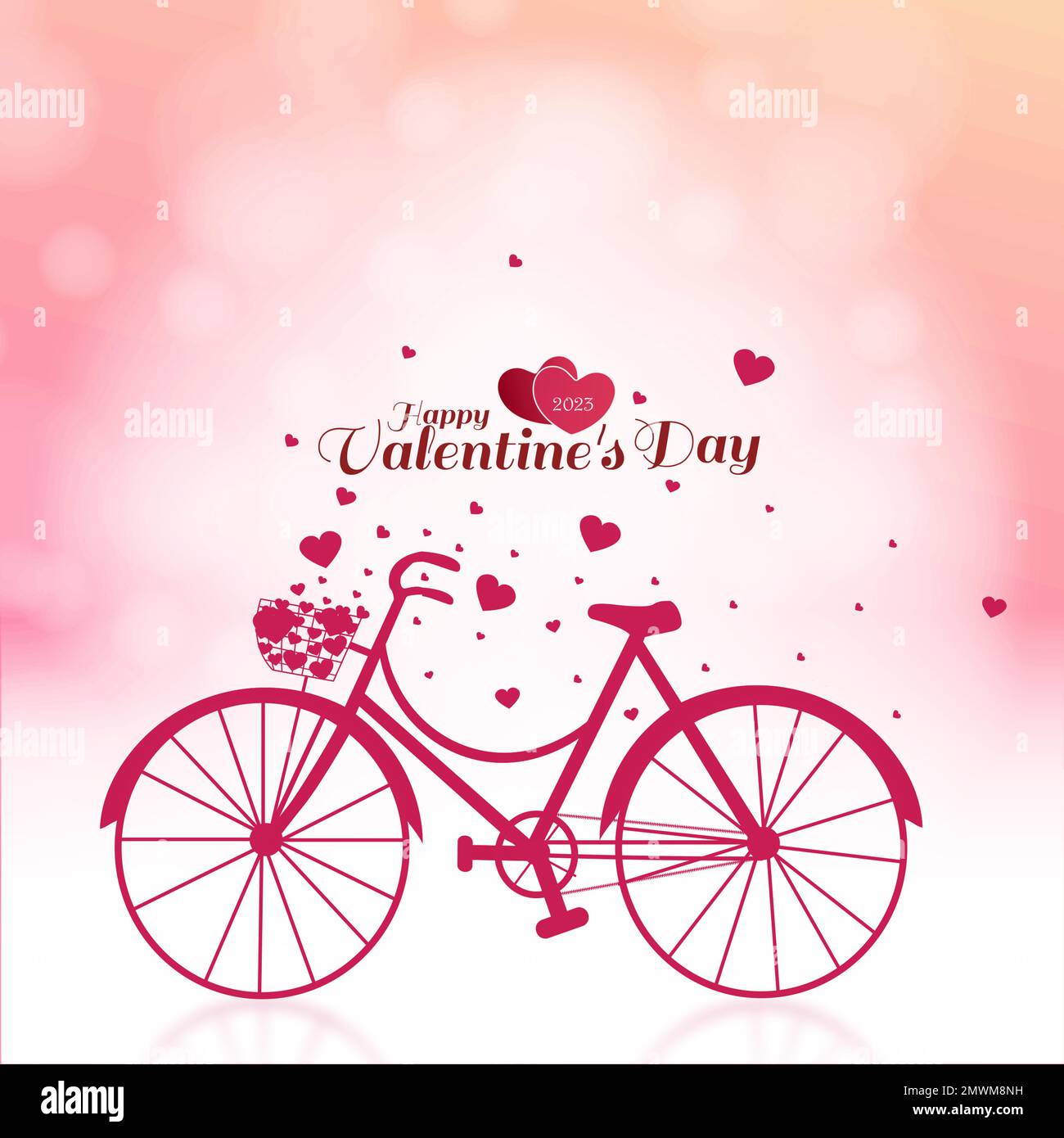Carte de voeux pour la Saint-Valentin avec coeurs volant à vélo et fond romantique effet bokeh. Illustration vectorielle. Illustration de Vecteur