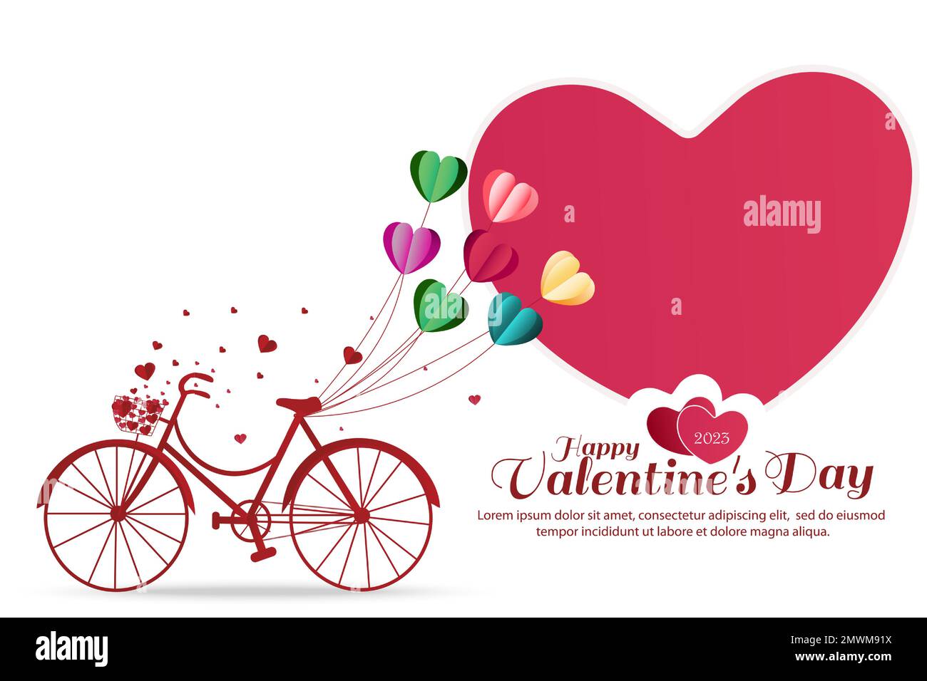 Carte de voeux pour la Saint-Valentin avec ballons en forme de coeur attachés sur un vélo rouge. Gros coeurs isolés sur fond blanc. Illustration vectorielle Illustration de Vecteur
