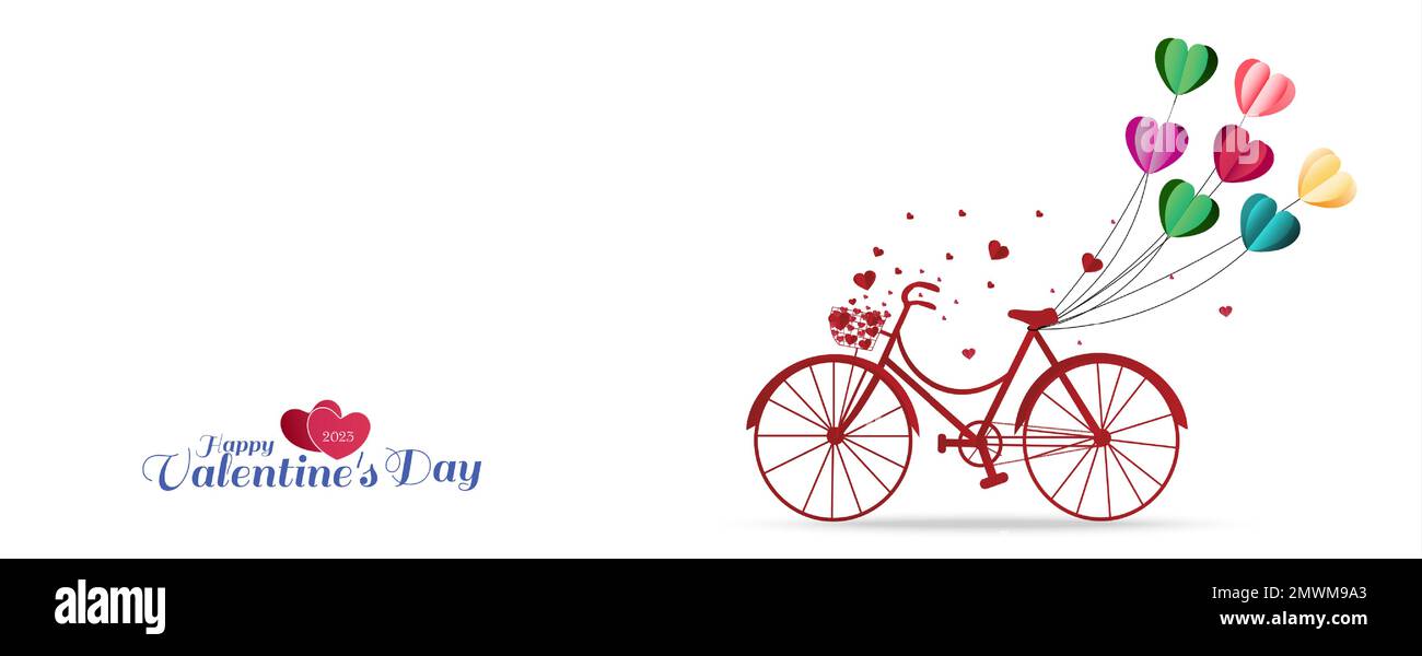 Carte de voeux pour la Saint-Valentin avec ballons en forme de coeur attachés sur un vélo rouge. Illustration de Vecteur